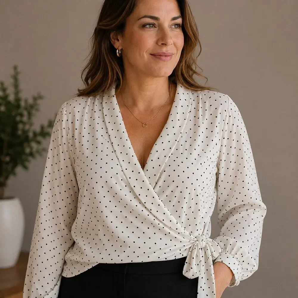 Adrianna Papell Wrap Blouse Womens XL White Black Polka Dots V-Neck Long Sleeve - Picture 1 of 7